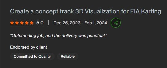 Five-star client review: Create a concept track 3D Visualization for FIA Karting