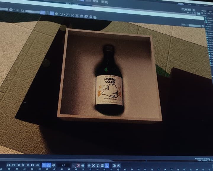 A product render in progress: Mung Soju bottle staged in Cinema 4D
