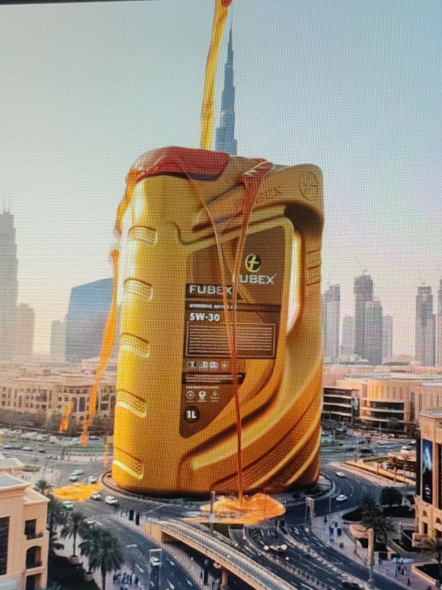 Early CGI work: a giant FUBEX oil bottle composited into a Dubai skyline