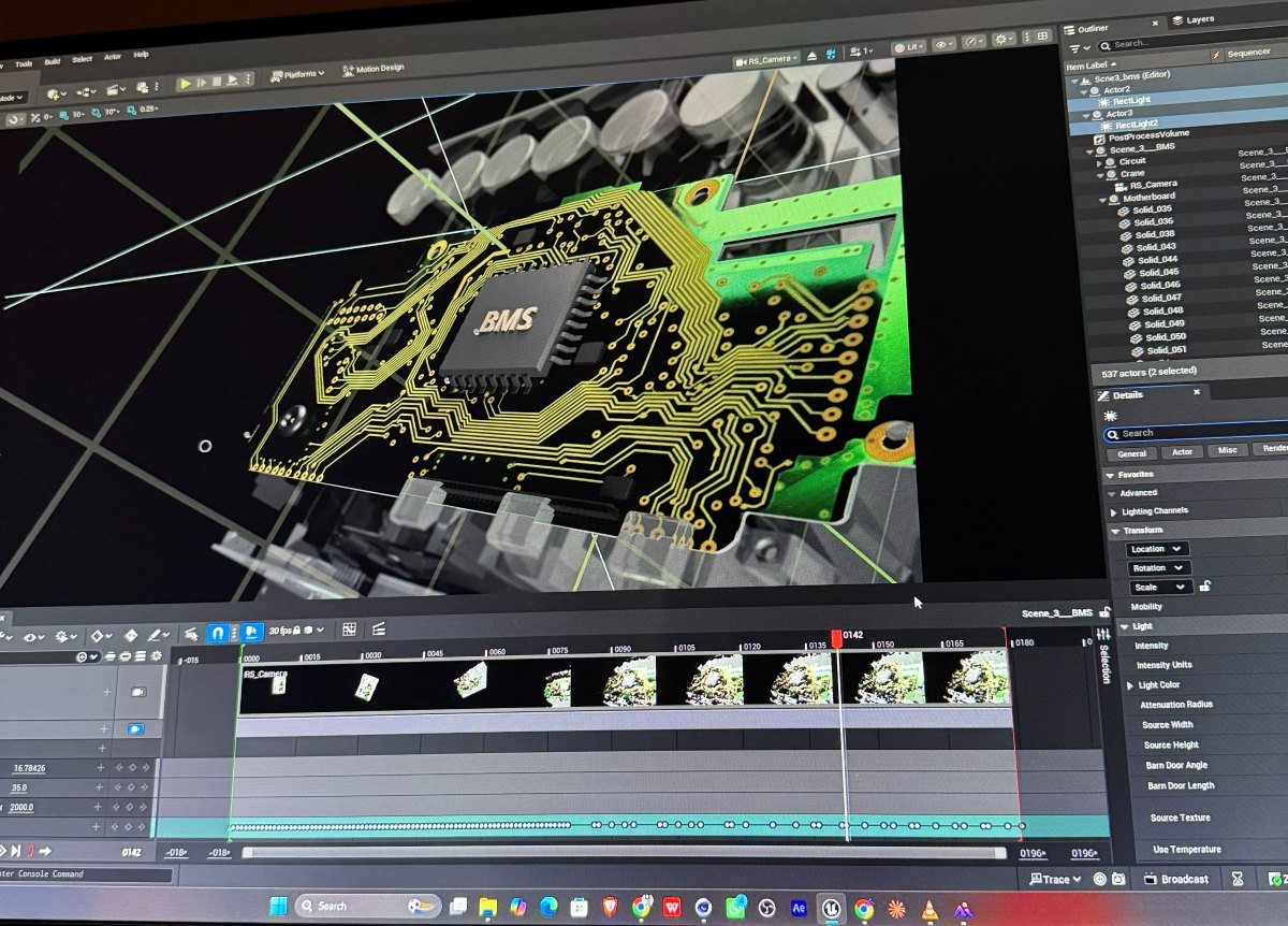 Product animation: a BMS circuit board scene lit and staged in 3D