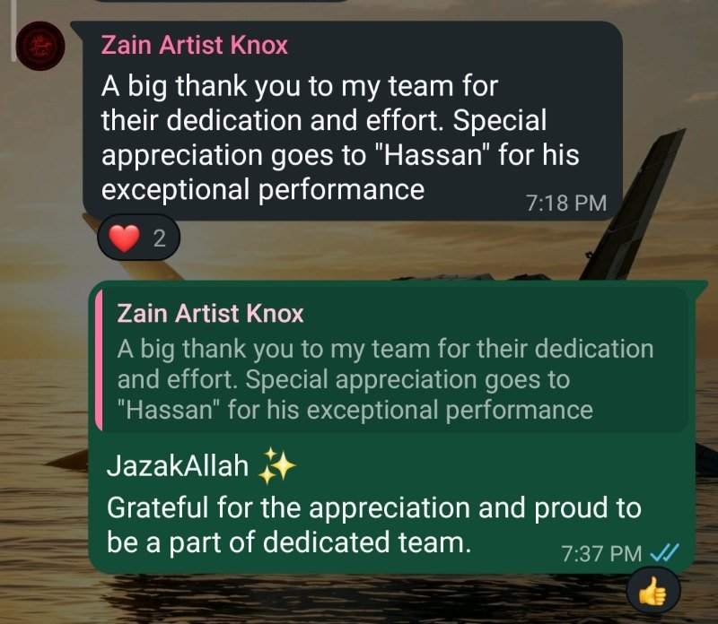 Testimonial message from Knox Solar's team thanking Hasan for his performance