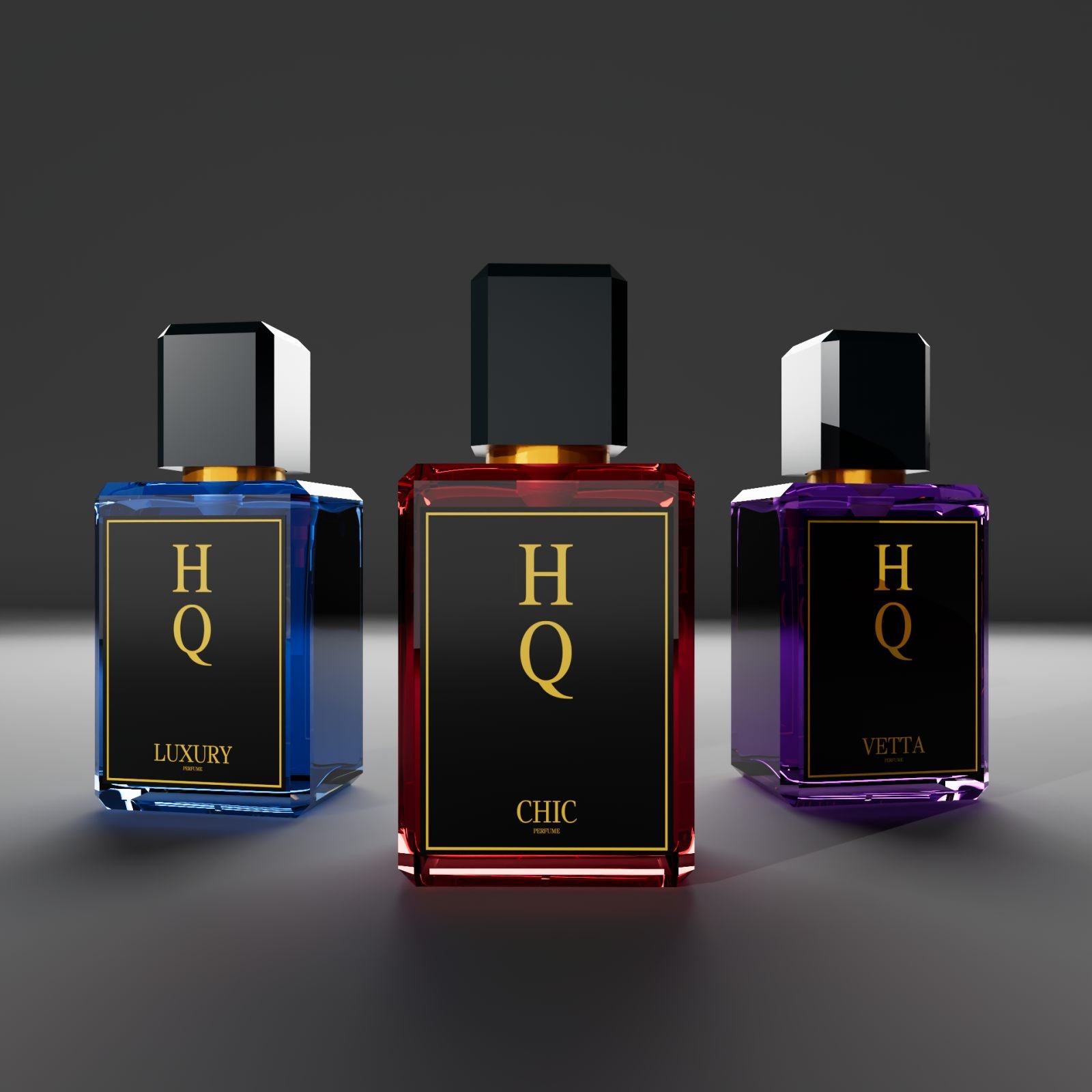 HQ Perfume bottle on studio backdrop, photoreal 3D render