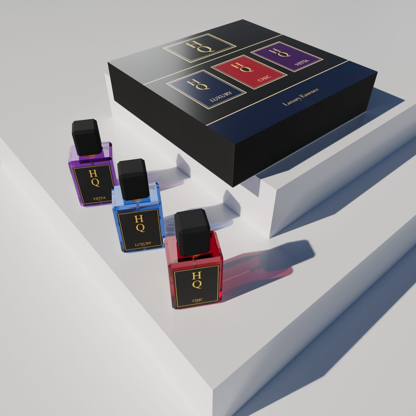 HQ Perfume brand identity and 3D product design