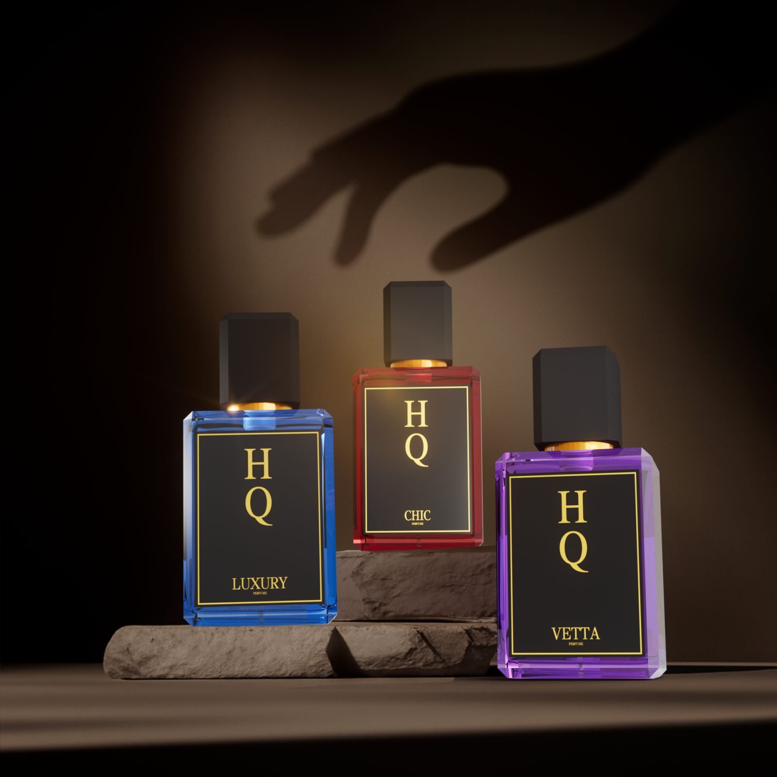 HQ Vetta, Luxury and Chic perfume bottles in dramatic studio lighting